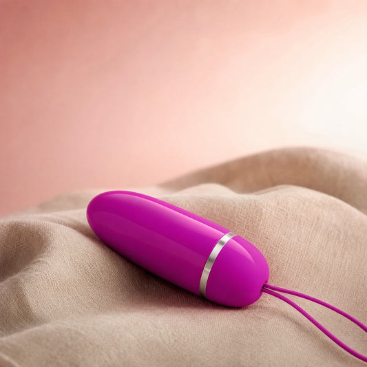 Œuf vibrant DEBBY violet sur du lin, fond blush