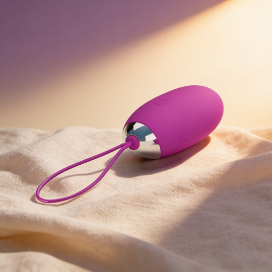 Œuf vibrant télécommandé Pretty Love Jenny — posé sur du lin drapé, lumière chaude