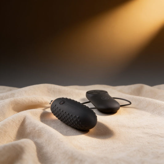 Œuf vibrant rechargeable G4 Black Edition — posé sur du lin drapé, lumière chaude