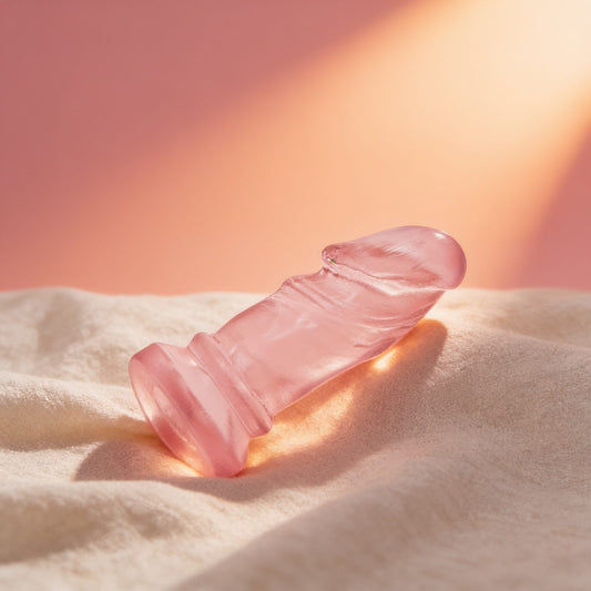 Plug anal réaliste Plug & Joy Jelly rose — posé sur du lin drapé, lumière chaude