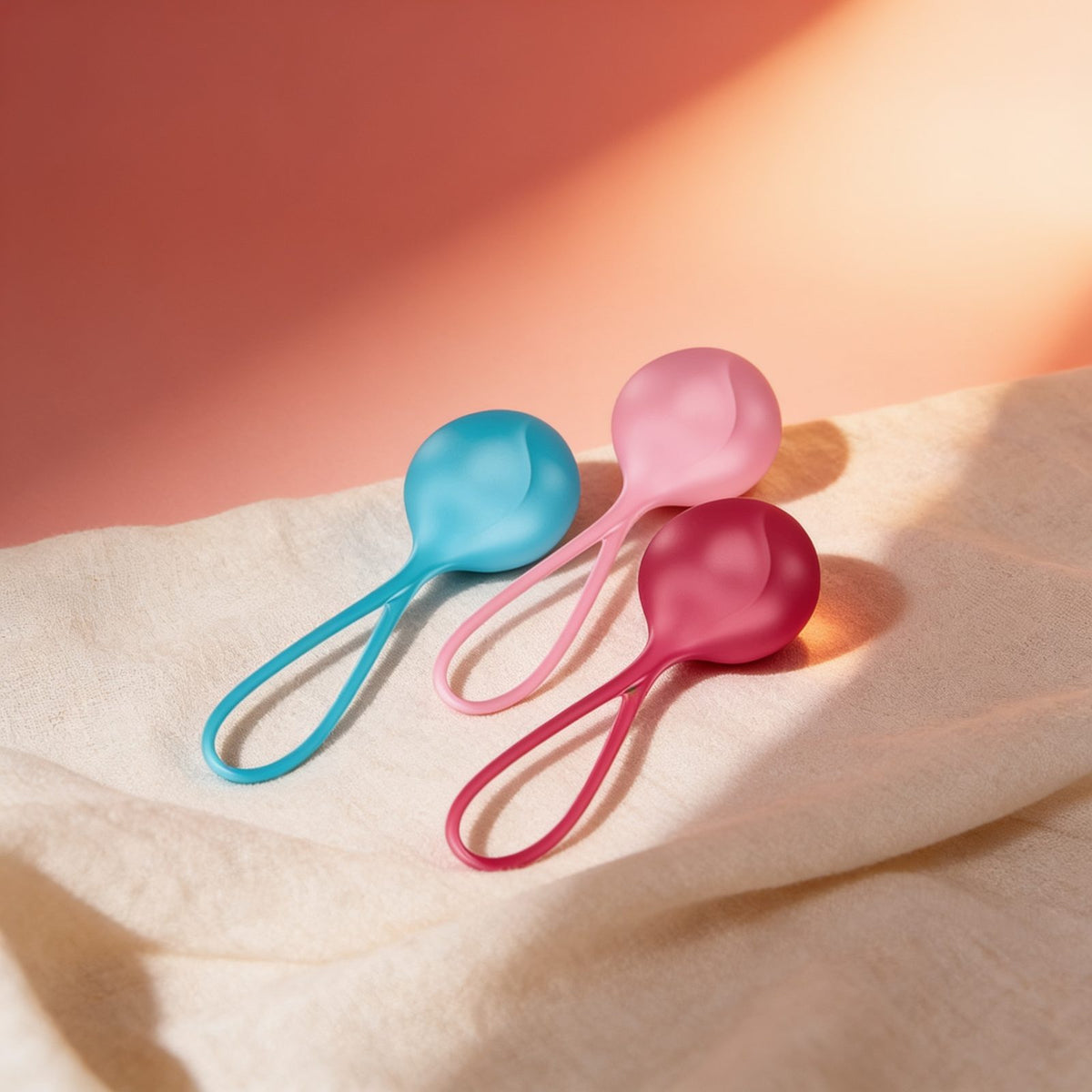 Set 3 boules de Geisha Satisfyer — photo éditoriale sur lin drapé