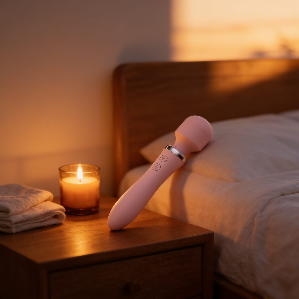 Vibromasseur Powerful Wand rose — en situation, ambiance chaude et discrète