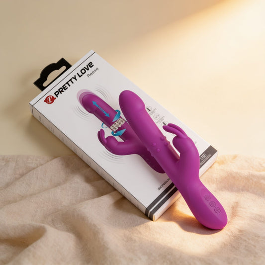 VIBRATEUR ROTATIF REESE VIOLET — photo éditoriale sur lin drapé