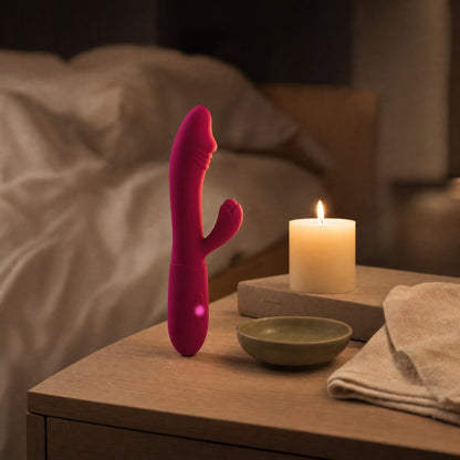 Vibromasseur rabbit rose sur une table de chevet, bougie