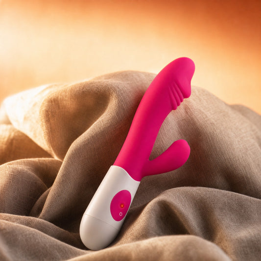 Vibromasseur rabbit Elya Yoba rose sur du lin, fond pêche