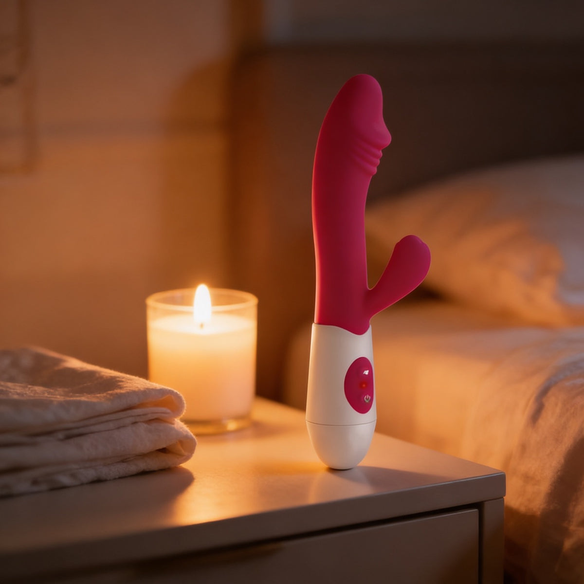 Vibromasseur rabbit Elya Yoba sur une table de chevet, bougie