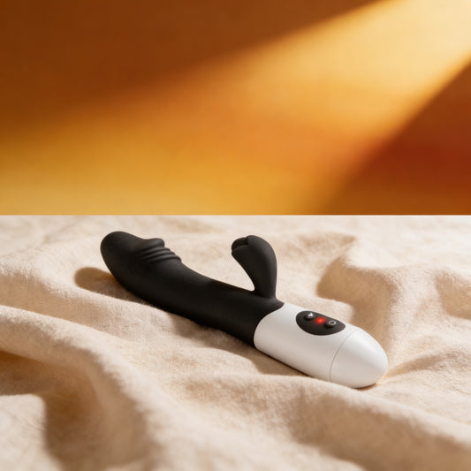 Vibromasseur rabbit noir Elya Yoba sur du lin, fond miel