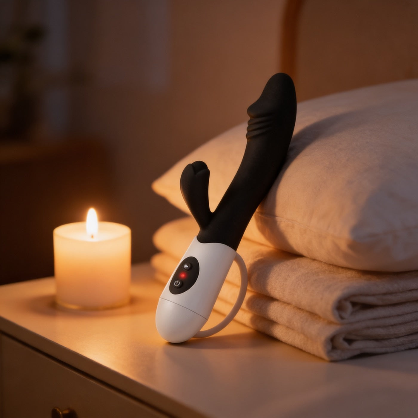 Rabbit noir sur une table de chevet, bougie