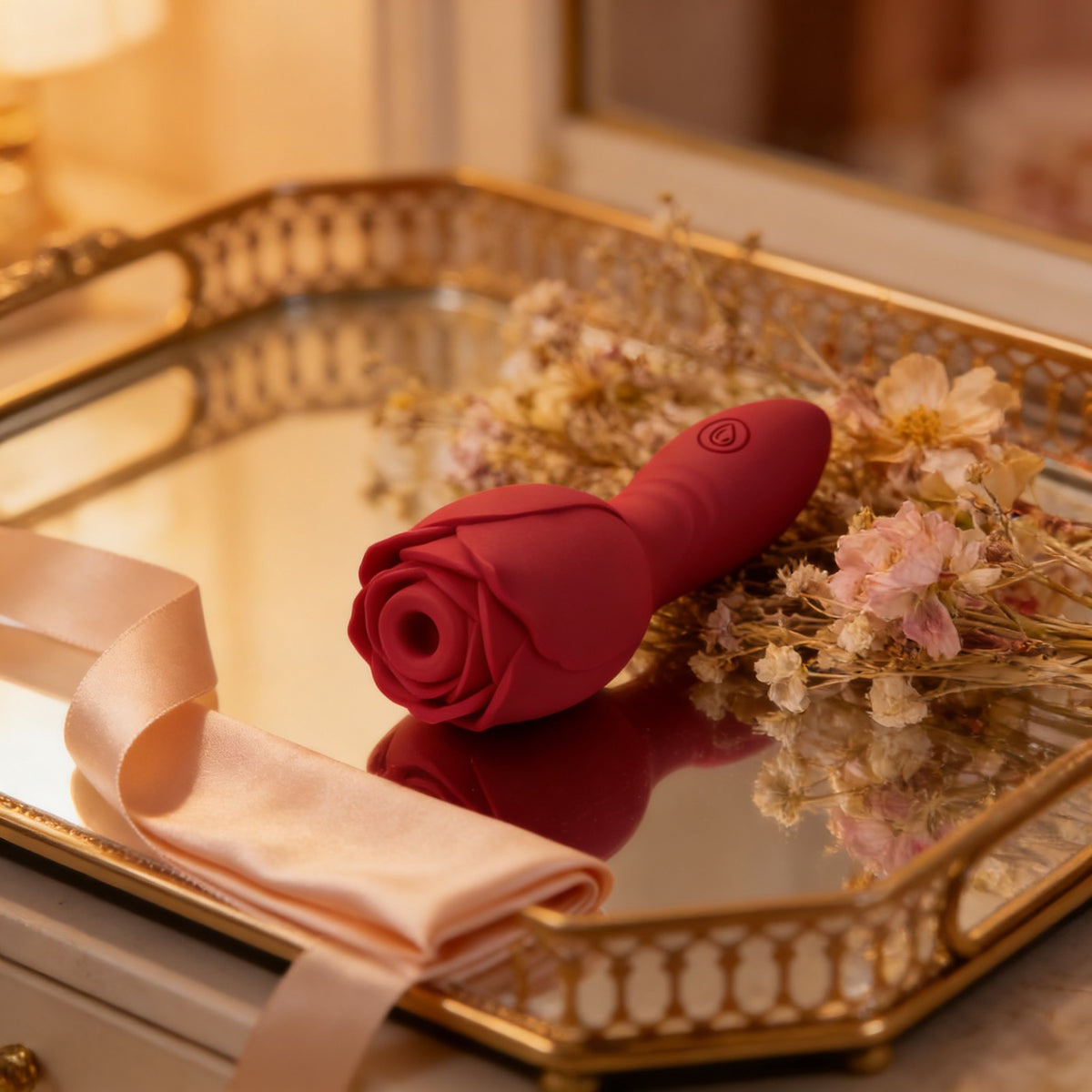 Rose Air Wave sur une coiffeuse, fleurs séchées