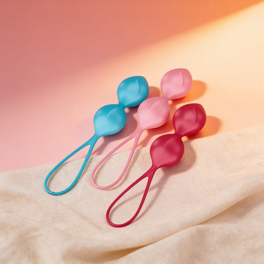 Set 3 boules de Geisha Satisfyer Loveballs — posées sur du lin drapé, lumière chaude