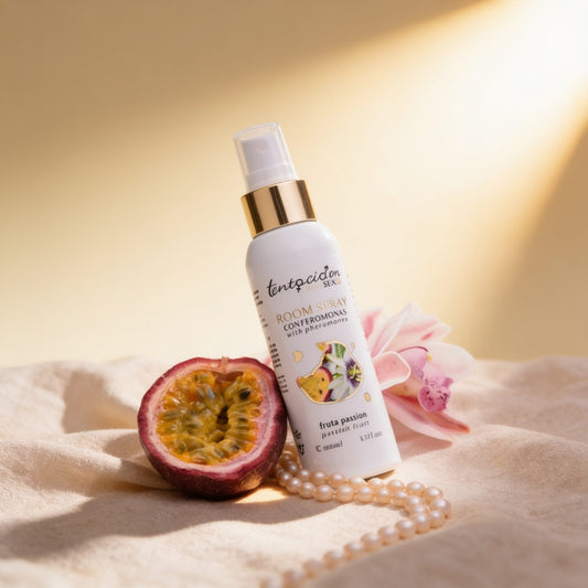 SPRAY D'AMBIANCE AUX PHEROMONES DE FRUITS DE LA PASSION 100ML — photo éditoriale sur lin drapé