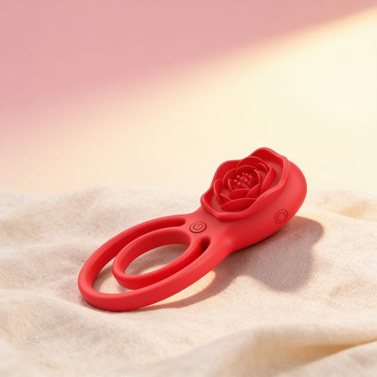 STIMULATEUR ROSE 10 VIBRATIONS ROUGE TELECOMMANDE — photo éditoriale sur lin drapé