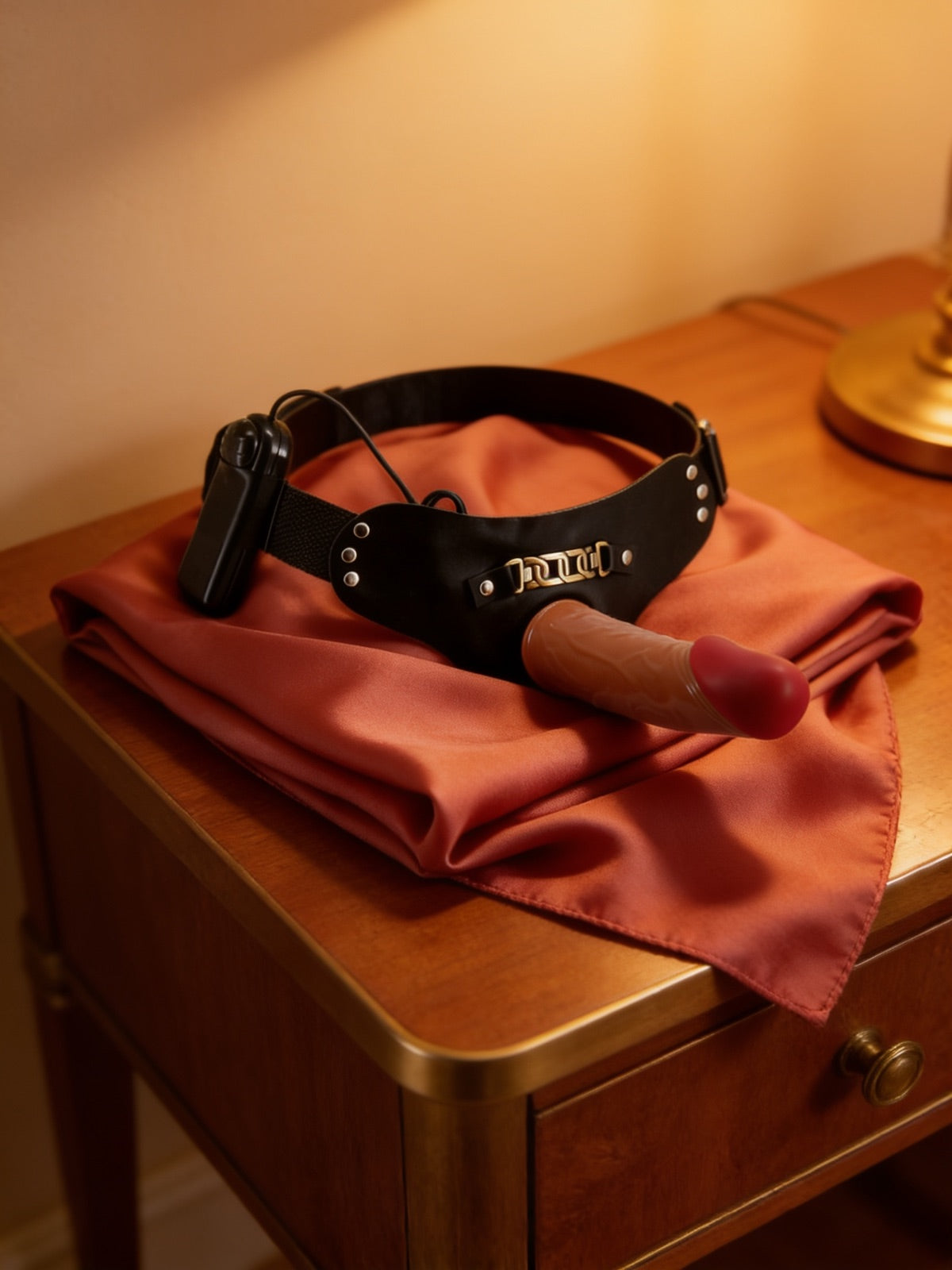 Gode-ceinture Starks sur silk terracotta boudoir