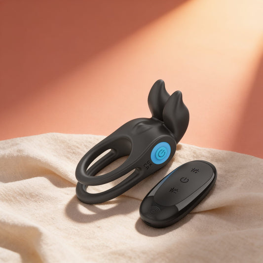 VIBRATEUR DOUBLE ANNEAU PÉNIS 10 VIBRATIONS NOIR — photo éditoriale sur lin drapé