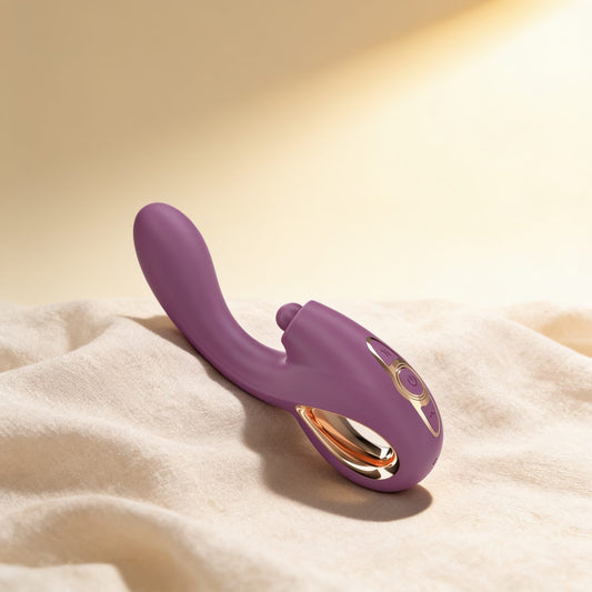 VIBRATEUR MULTIFONCTION POINT G TAPPING & THRUST & VIBRATION VIOLET, LALI — photo éditoriale sur lin drapé