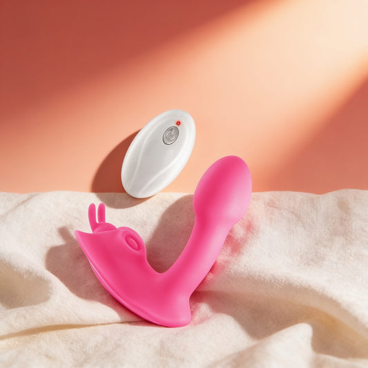 Vibromasseur 3-en-1 Butterfly pour culotte — photo éditoriale sur lin drapé