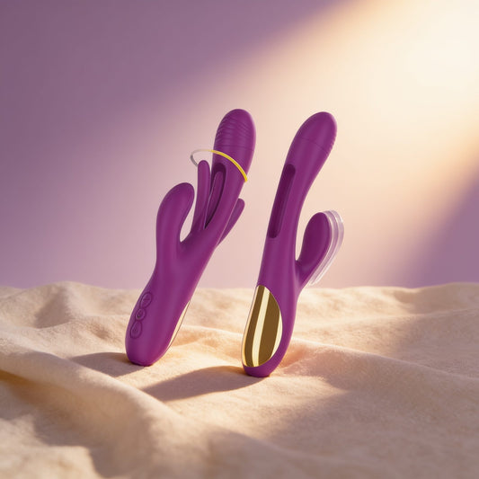 Vibromasseur Apolo multifonctions — posé sur du lin drapé, lumière chaude éditoriale