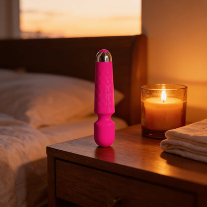 Vibromasseur wand rose Yoba — en situation, ambiance chaude et discrète