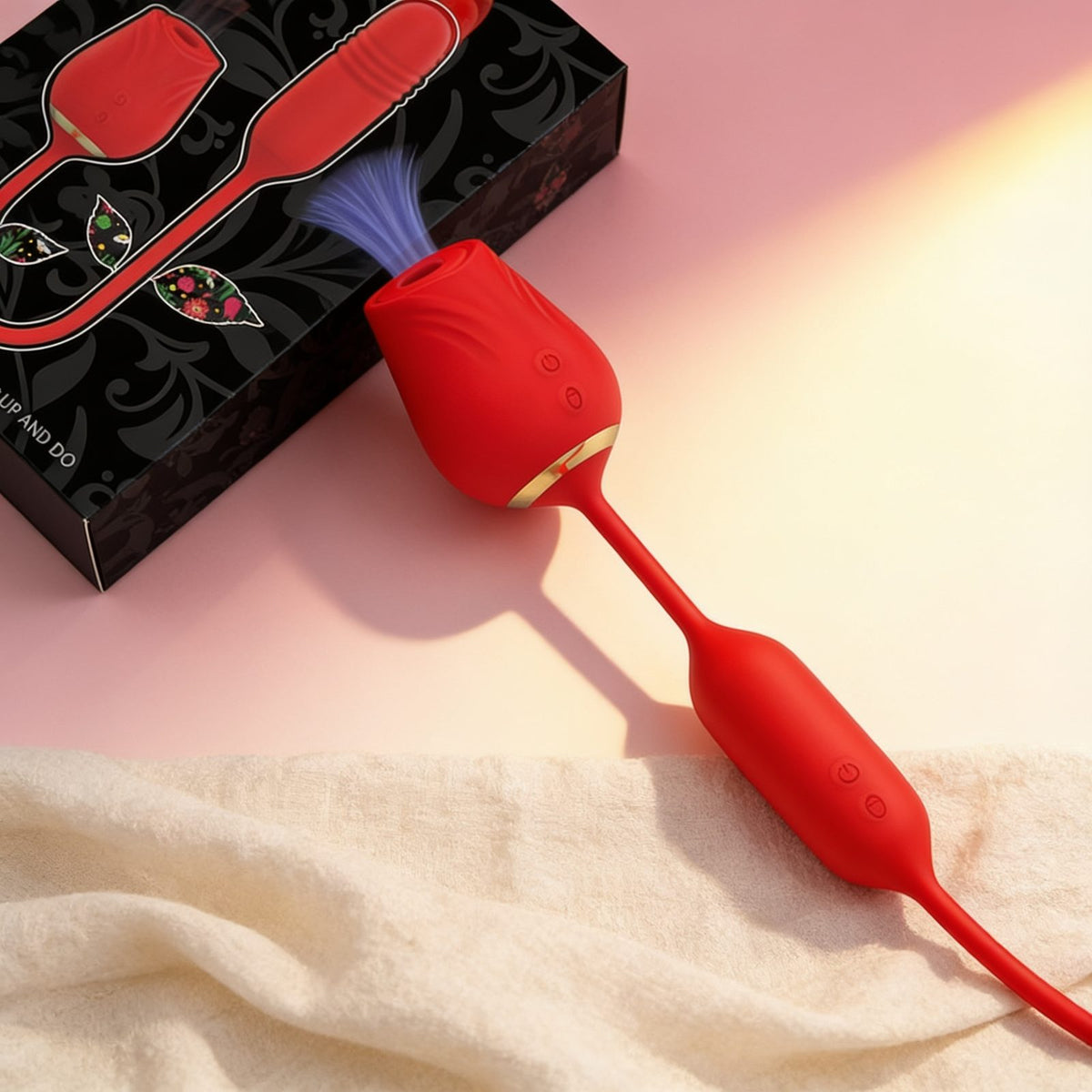 vibromasseur  DOUBLE PLAISIR SUCCI N + HAUT ET BAS — photo éditoriale sur lin drapé