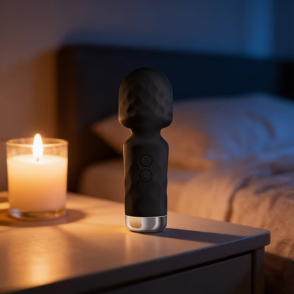 Vibromasseur en silicone noir Wand, mini — mise en situation