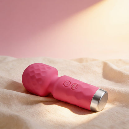 vibromasseur en silicone rose Wand, mini — photo éditoriale sur lin drapé