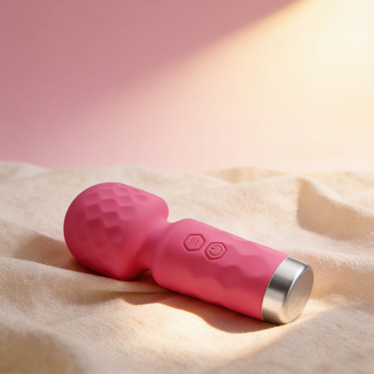 vibromasseur en silicone rose Wand, mini — photo éditoriale sur lin drapé