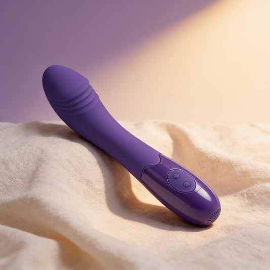 vibromasseur point G en silicone — posé sur du lin drapé, lumière chaude éditoriale