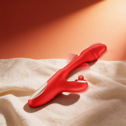 Vibromasseur rabbit 3-en-1 avec tapotem , Joyfully — photo éditoriale sur lin drapé