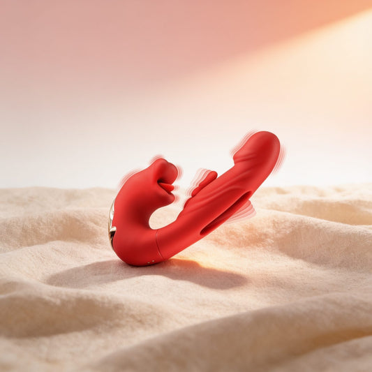 Vibromasseur rabbit 3-en-1 Kissy — posé sur du lin drapé, lumière chaude éditoriale