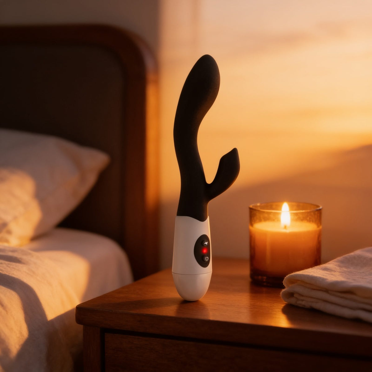 Vibromasseur rabbit noir puissant Naya Yoba — en situation, ambiance chaude et discrète