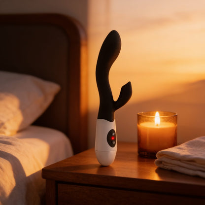 Vibromasseur rabbit noir puissant Naya Yoba — en situation, ambiance chaude et discrète
