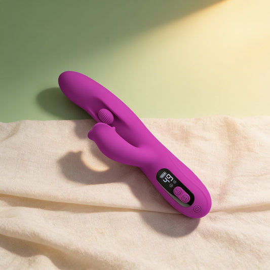 Vibromasseur rabbit oscillant — photo éditoriale sur lin drapé