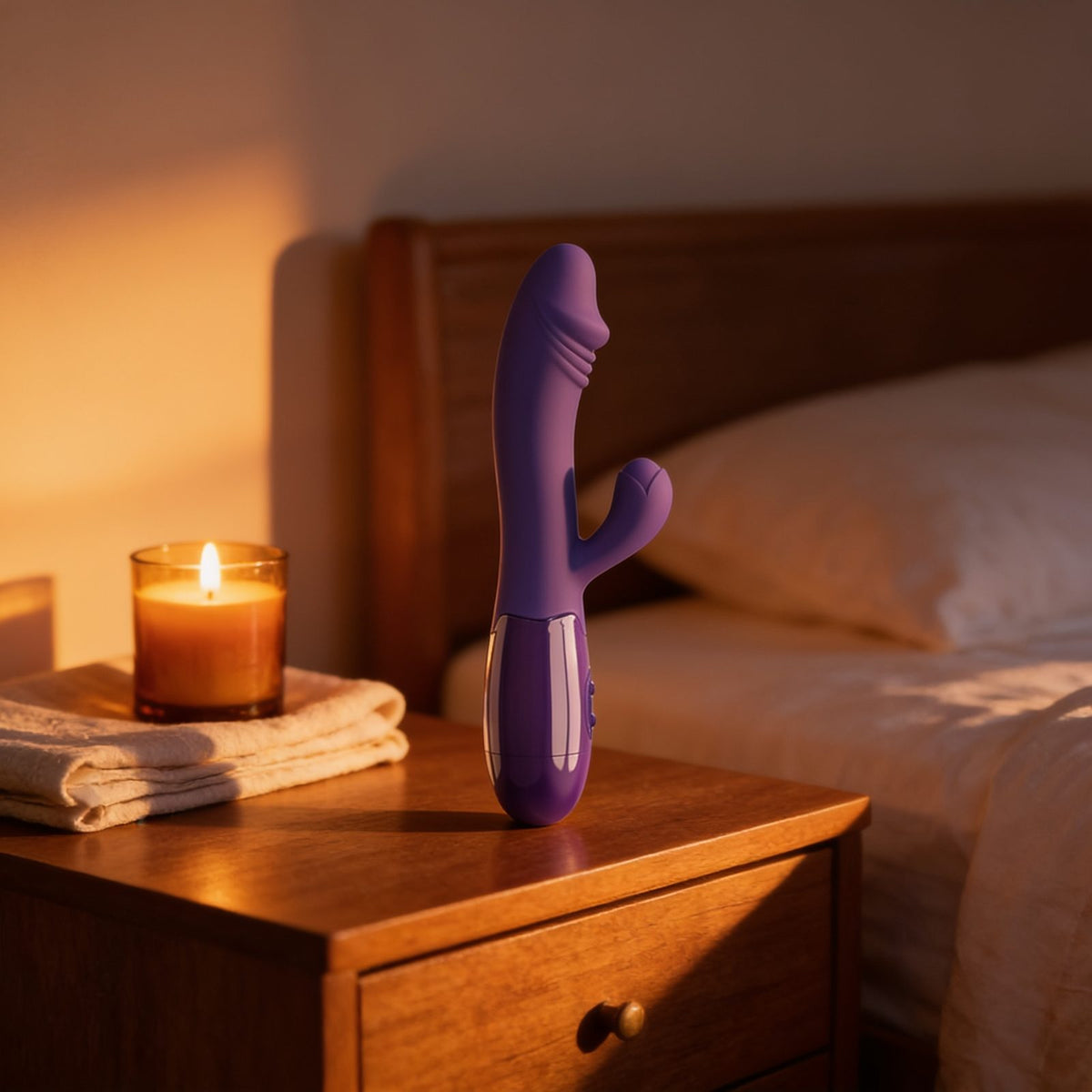 vibromasseur Rabbit Point G en silicone — en situation, ambiance chaude et discrète