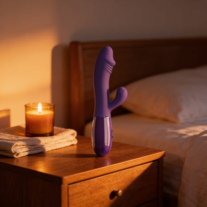 vibromasseur Rabbit Point G en silicone — en situation, ambiance chaude et discrète