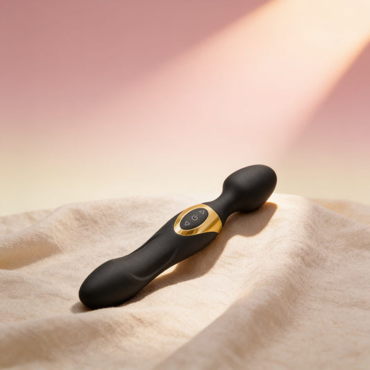 Vibromasseur wand luxe My Goddess Black Empire — photo éditoriale sur lin drapé