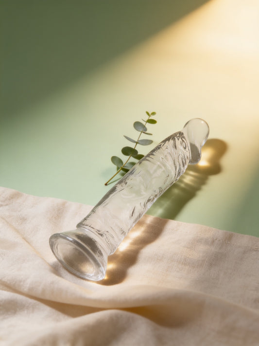 Gode XRay Clear Cock 19cm sur du lin, fond sauge chaud
